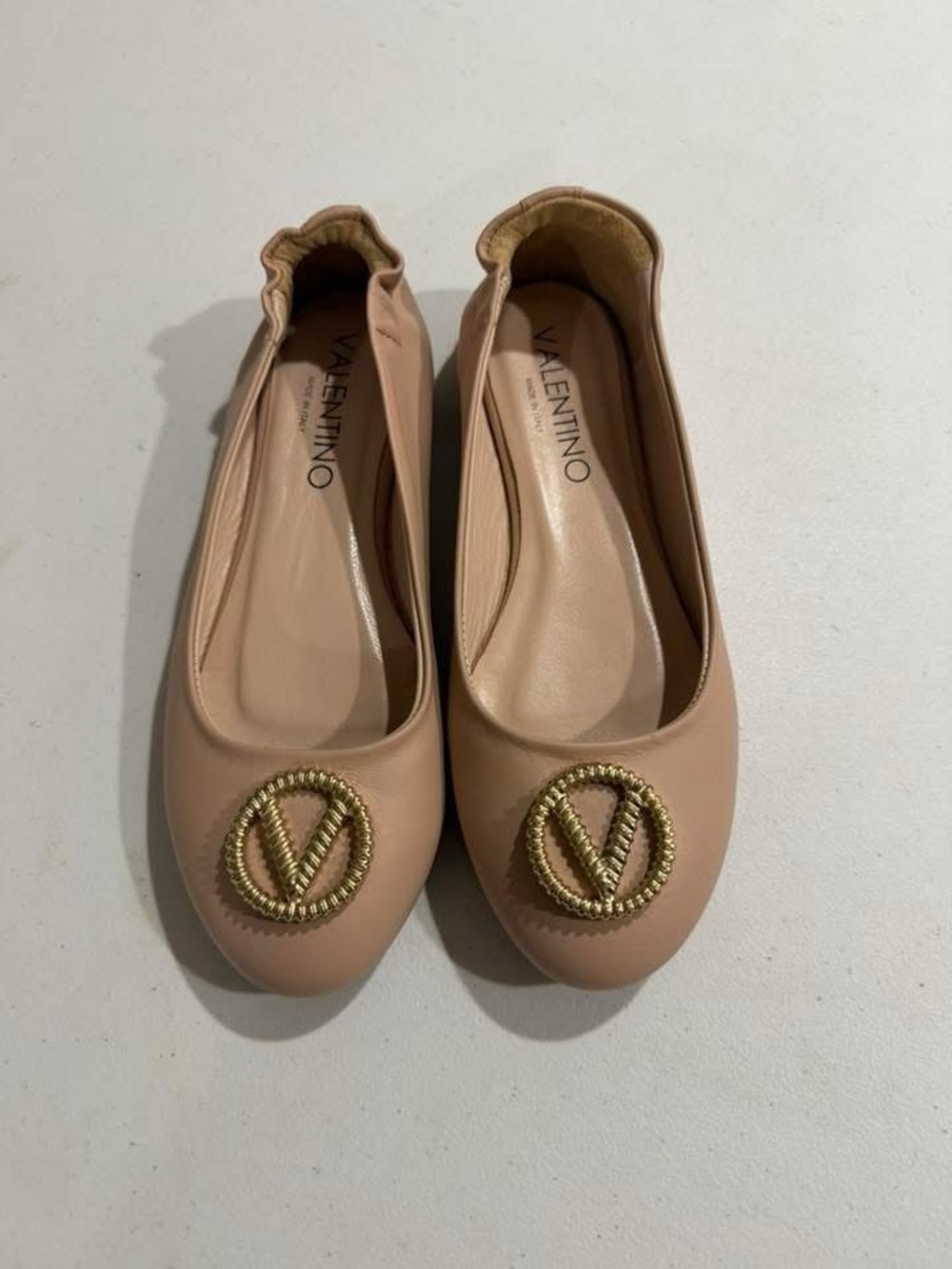 Valentino Blush Pink Leather Ballet Flats with Gold V Logo